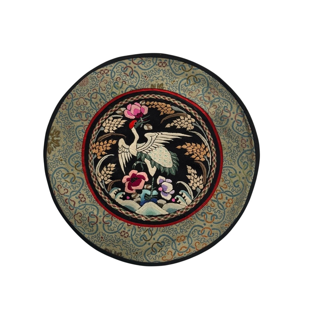 Vintage Chinese Silk Embroidery Rank Badge Roundel Crane Floral 8.5 Inch